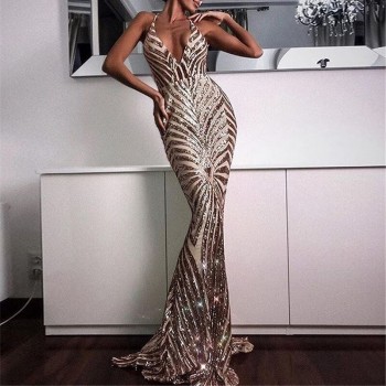 Paris Girl Elegant Deep V Neck Party Dresses Gold Sequined Maxi Dresses Backless Bodycon Evening Club Mermaid Dress